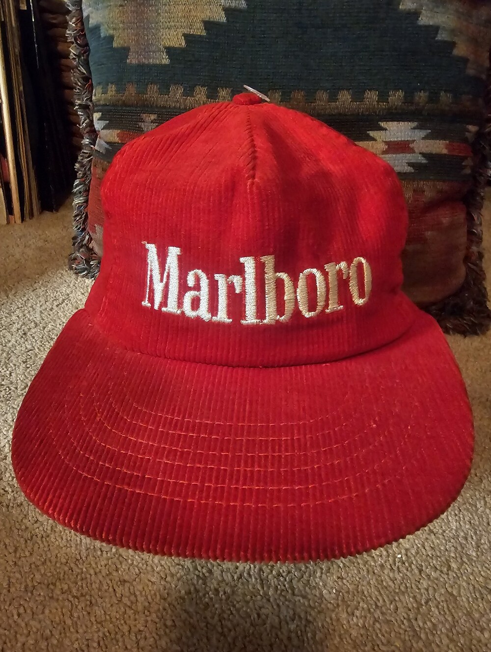 Made in USA Marlboro Hat Snapback Cap Red Corduroy 80s Cigarette Vintage